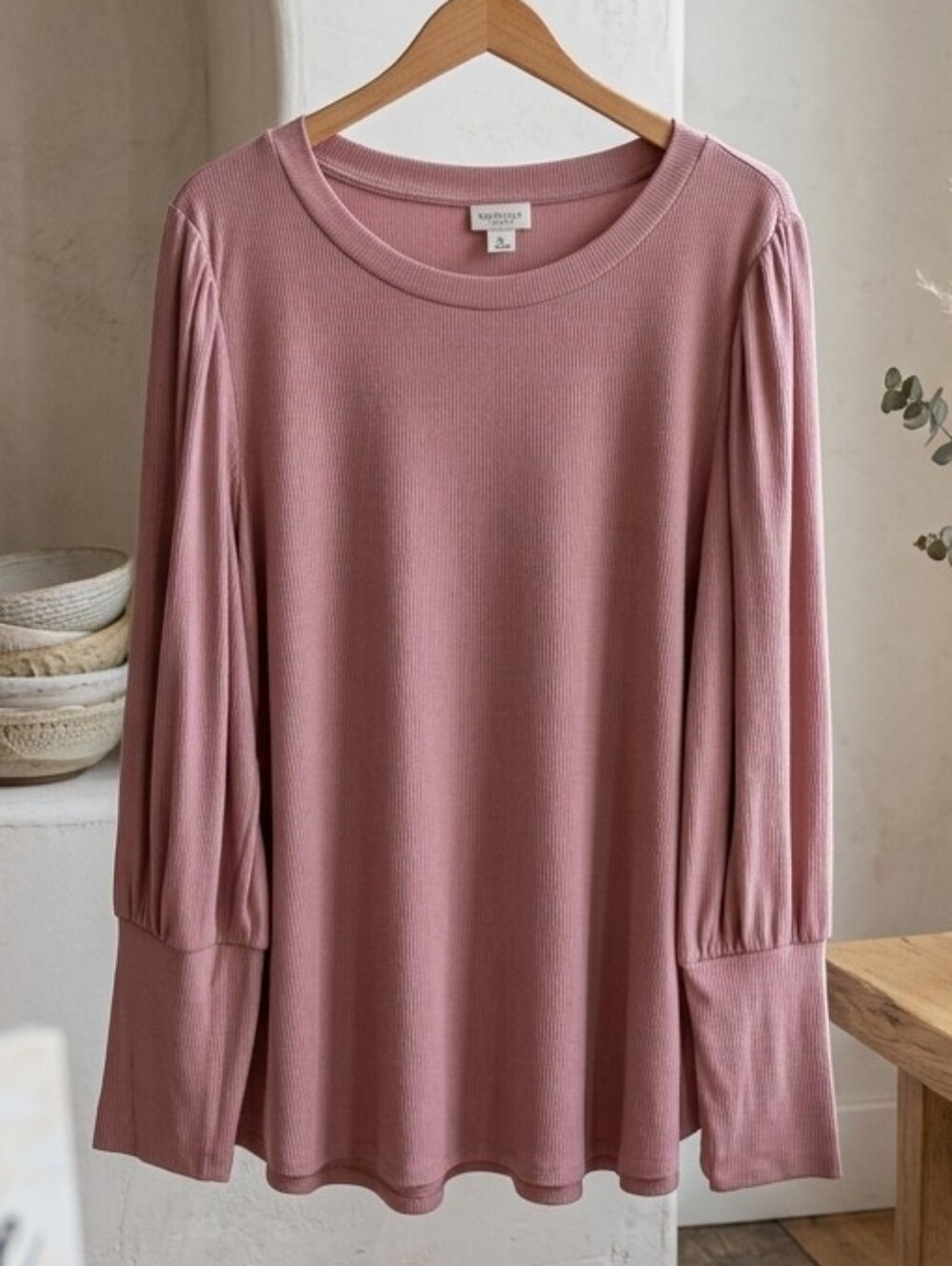 Ava & Viv Mauve Pink Dusk Rose Ribbed Long Sleeve Puff Sleeve Top Plus Size 2X